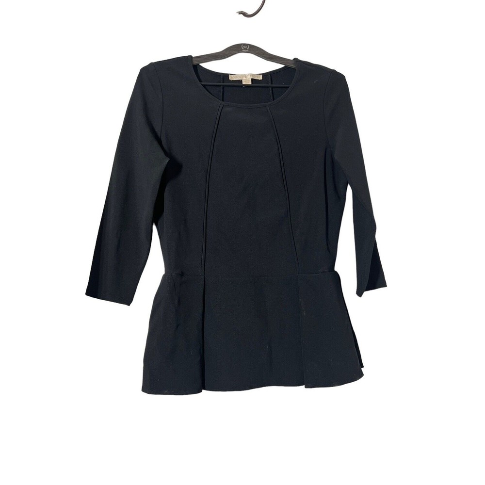 Boston Proper‎ Top Womens Medium Black 3/4 Sleeve Peplum Blouse Cocktail